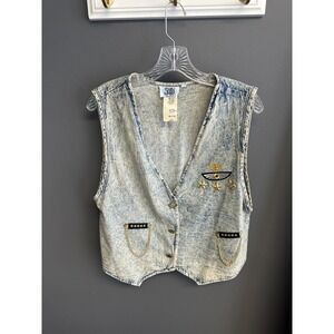 VTG 90s Punk Rock Denim Vest Womens Size L Military Patch USA Chains SOHO Top